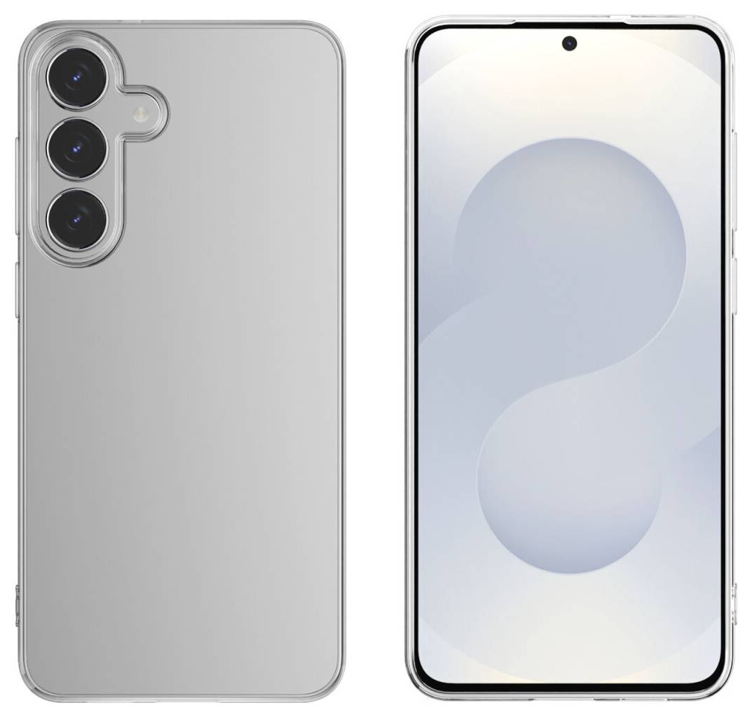 Srebrny smartfon pokazany z przodu i z tyłu, z potrójnym aparatem tylnym i centralnie umieszczonym wyświetlaczem z otworem.