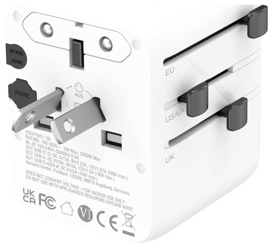 Uniwersalny adapter podróżny ze składanymi kolkami wtyczki i przesuwanymi selektorami do gniazd EU, USA i UK.