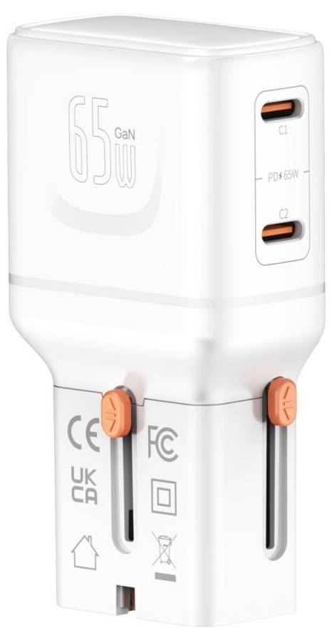 Biały ładowacz sieciowy GaN 65W z USB-C z dwoma portami w kolorze pomarańczowym i składanymi bolcami wtyczki.