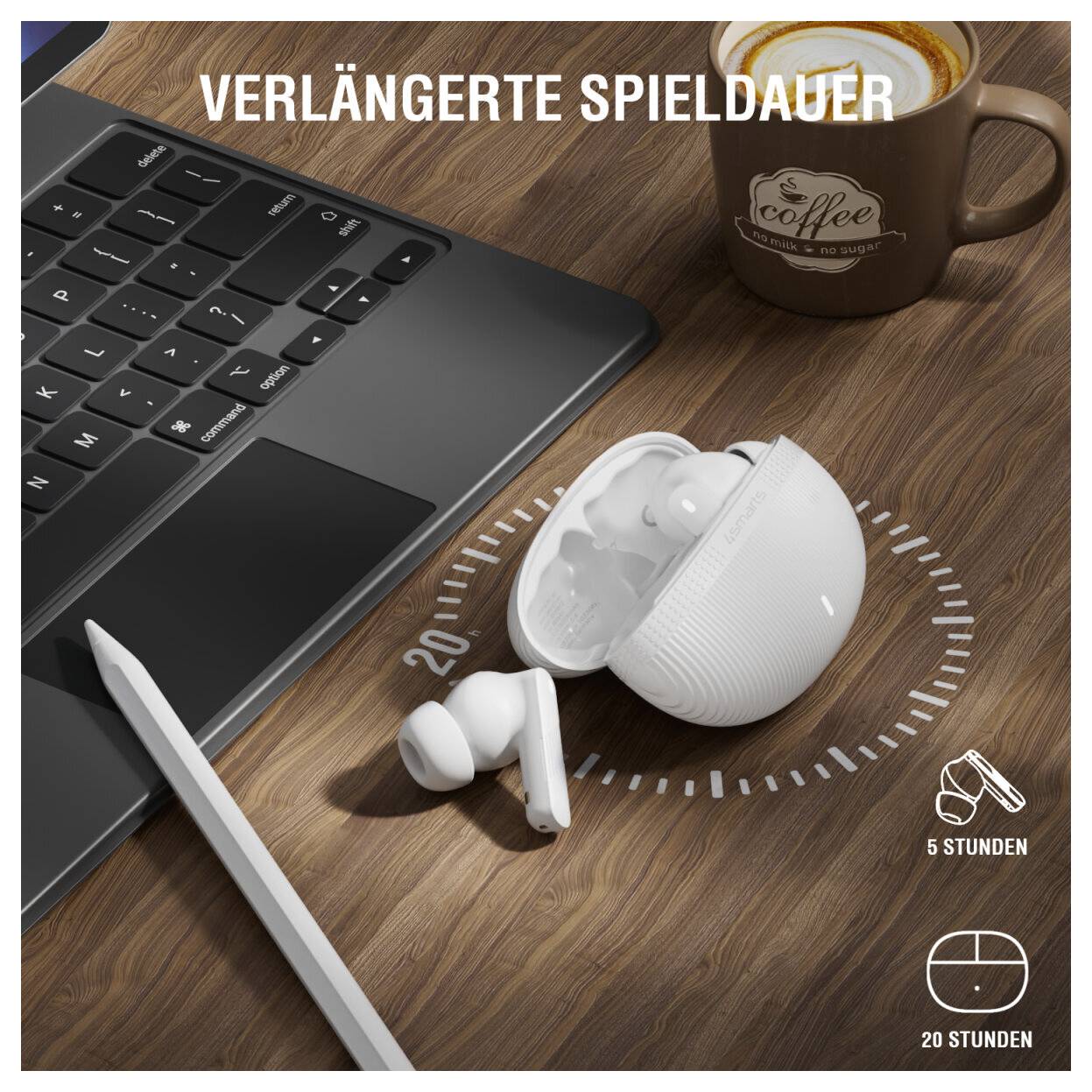 Reklama promująca wydłużoną żywotność baterii dla słuchawek bezprzewodowych: laptop, kubek kawy i otwarte etui na słuchawki na biurku, z wyświetlonymi '5 GODZIN' i '20 GODZIN'.