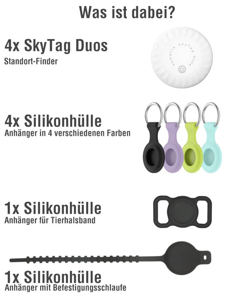 Zawartość opakowania pokazana w języku niemieckim: 4 lokalizatory SkyTag Duo, 4 etui silikonowe w różnych kolorach, 1 etui silikonowe do obroży dla zwierząt oraz 1 etui silikonowe z pętlą do zawieszenia.