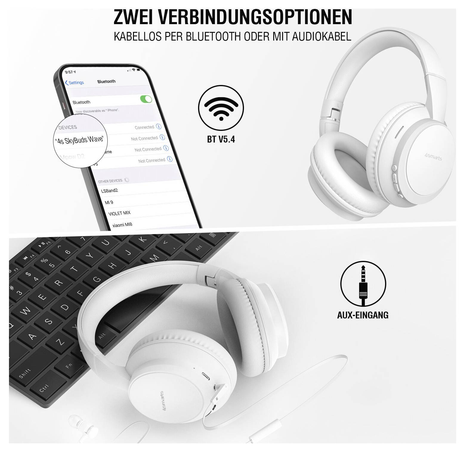 Grafika promocyjna przedstawiająca białe słuchawki nauszne z dwoma opcjami połączenia: Bluetooth 5.4 lub przewodowe przez wejście AUX, zilustrowane smartfonem, ikoną Bluetooth i laptopem.