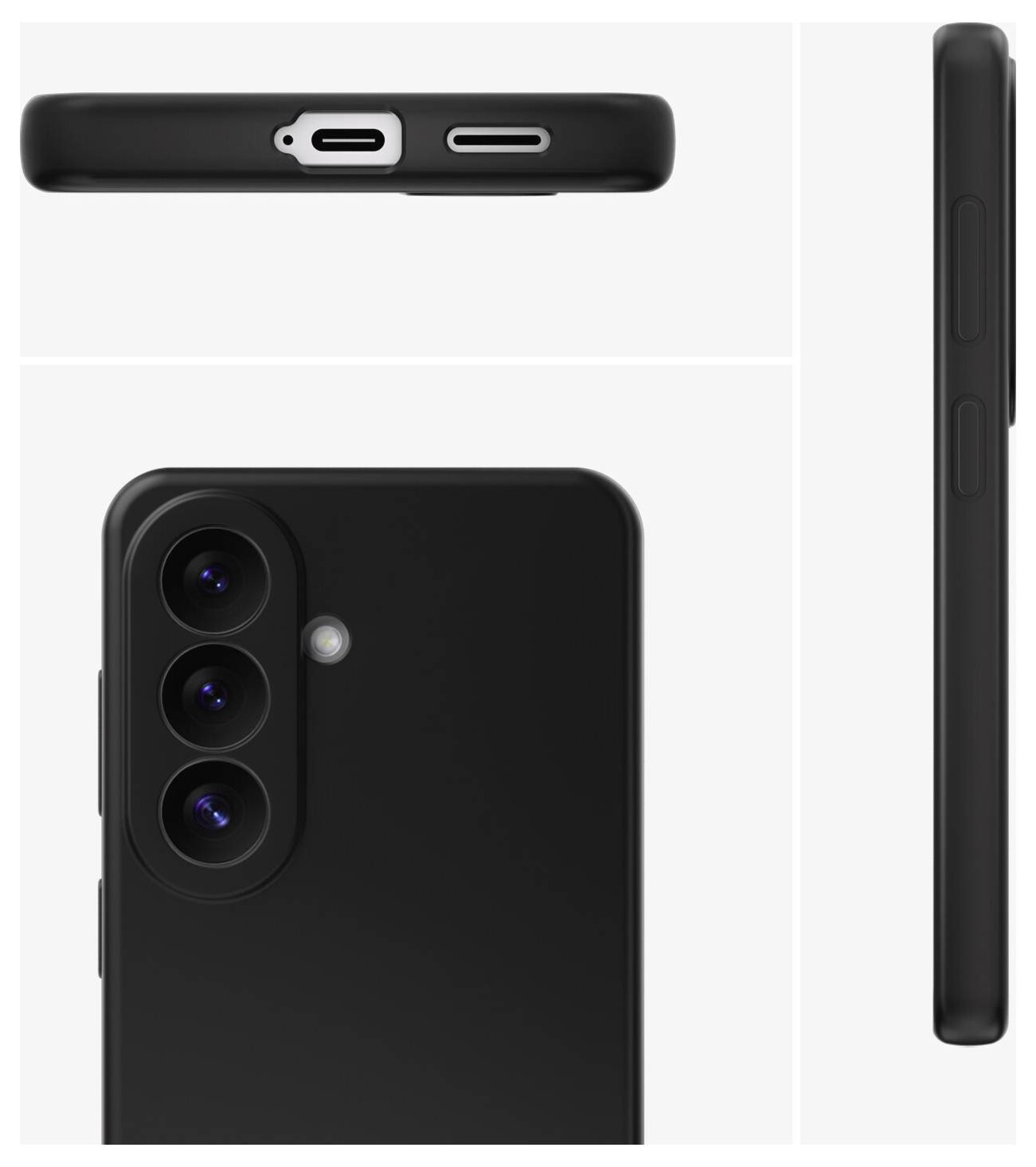 Czarny smartfon pokazany z przodu, z boku i z góry, podkreślający potrójne tylne aparaty i porty.
