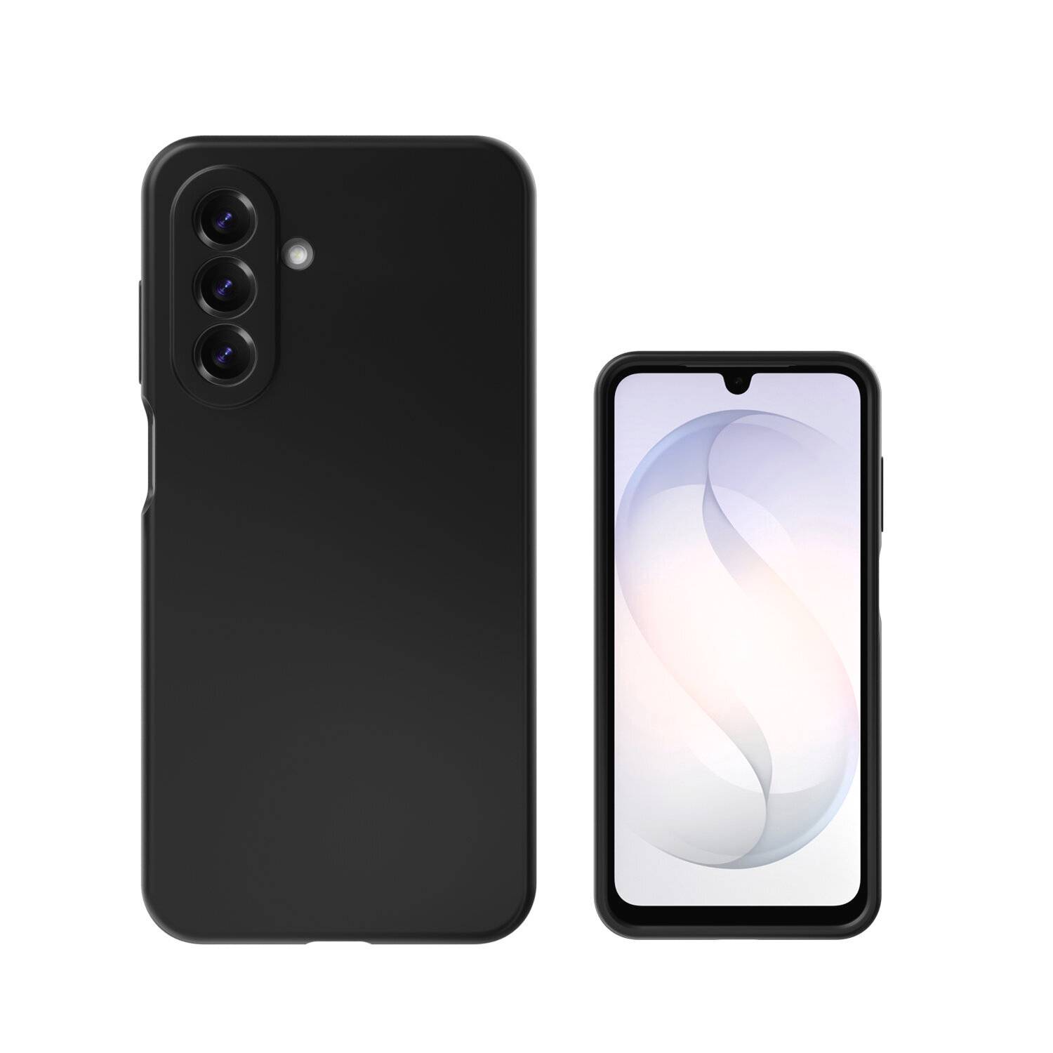 Czarny smartfon pokazany z przodu i z tyłu, z potrójna kamerą tylną i wyświetlaczem ze słezką w notatniku na białym tle.
