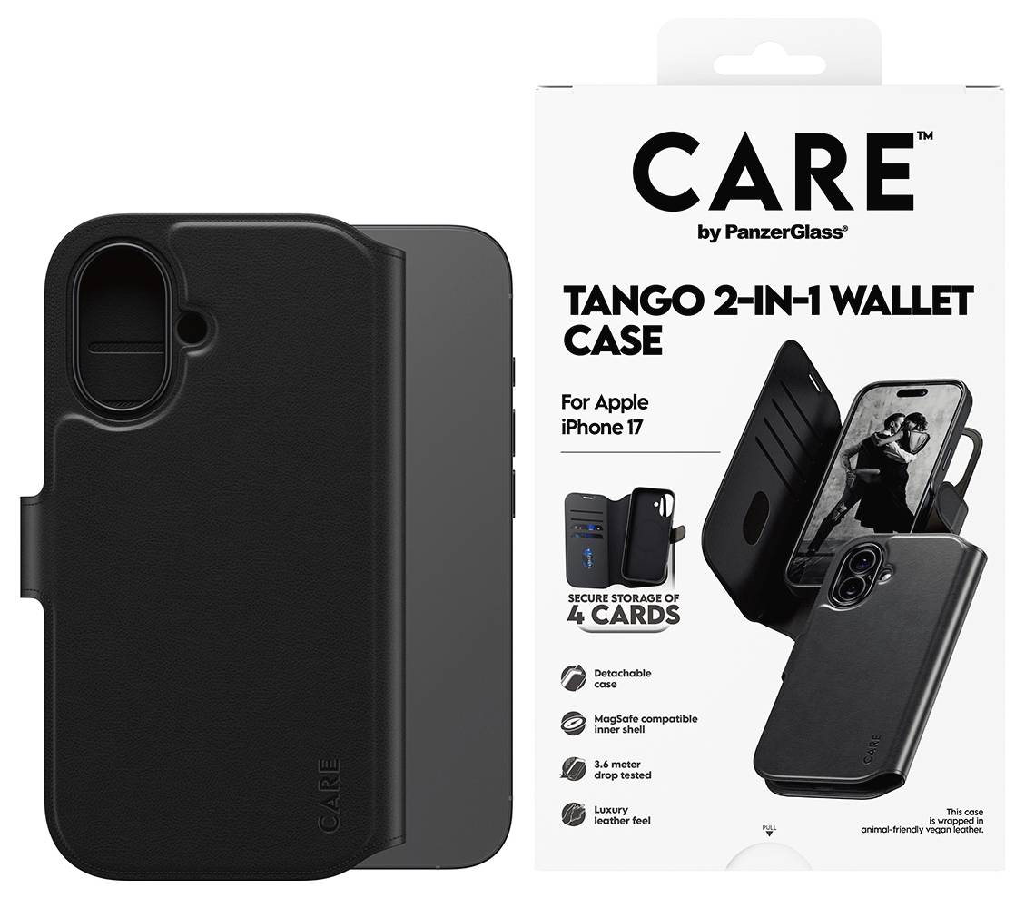 Obraz produktu czarnego portfela CARE by PanzerGlass Tango 2-w-1 do Apple iPhone 17, pokazujący przód etui i opakowanie detaliczne z funkcjami przechowywania kart.