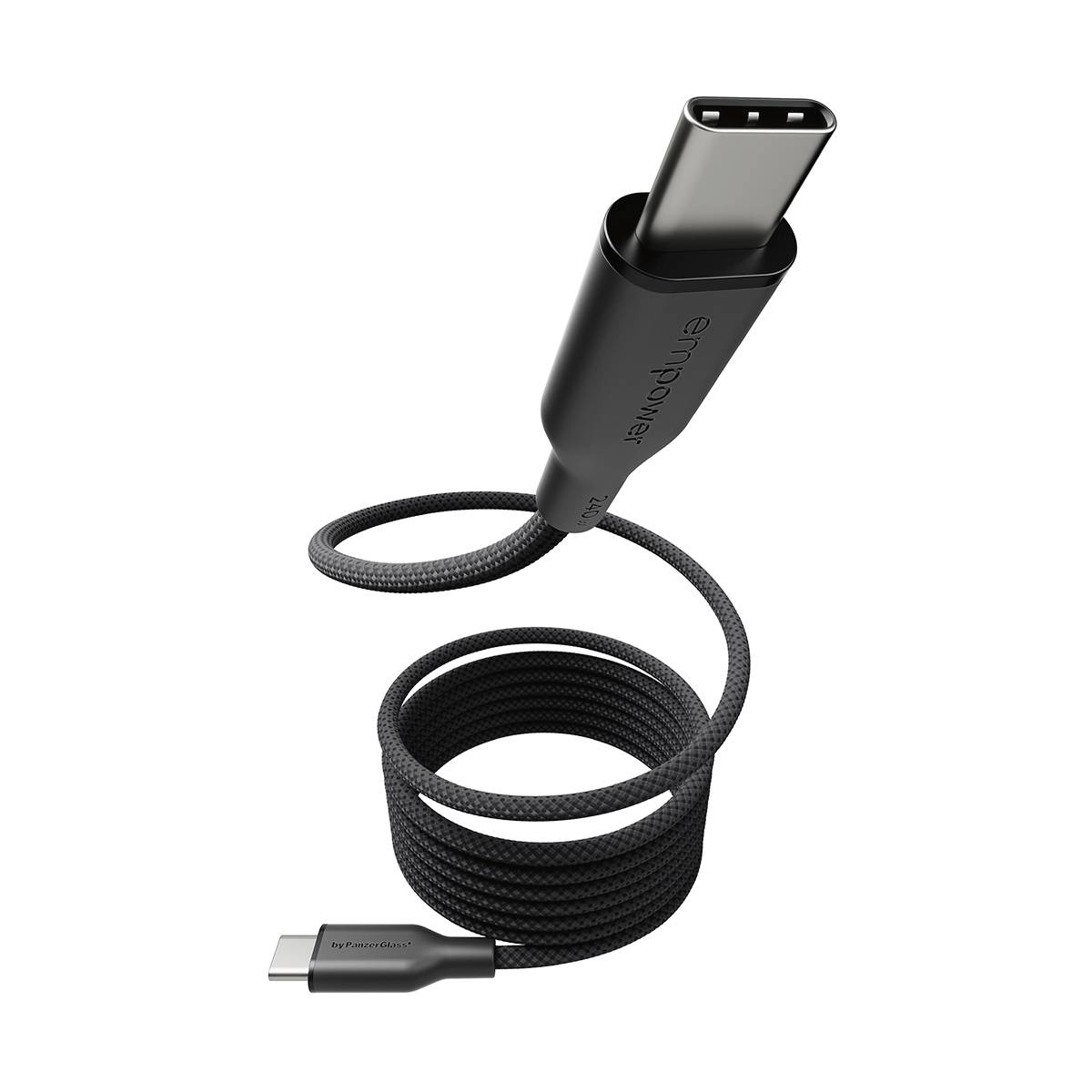 Czarny kabel ładujący USB-C w splocie z metalowymi złączami, pokazany w zwiniętej formie na białym tle.