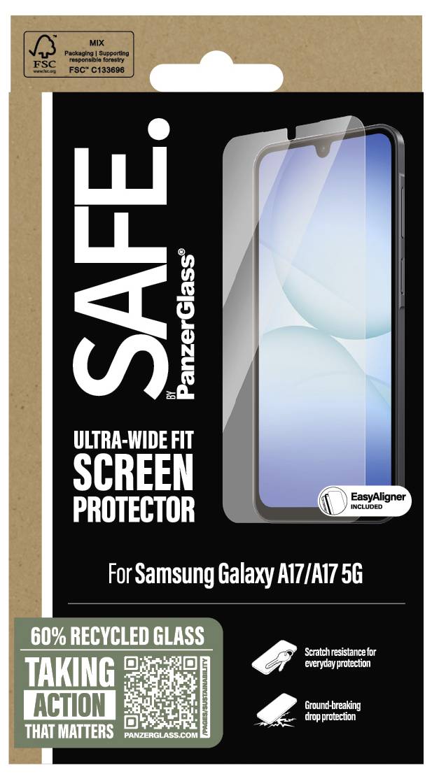Opakowanie na ultrapłaski ekranowy film ochronny SAFiPanzerglas do Samsung Galaxy A17/A17 5G, zawierający szkło z recyklingu, z zapewnieniami ochrony przed zarysowaniami i upadkami.