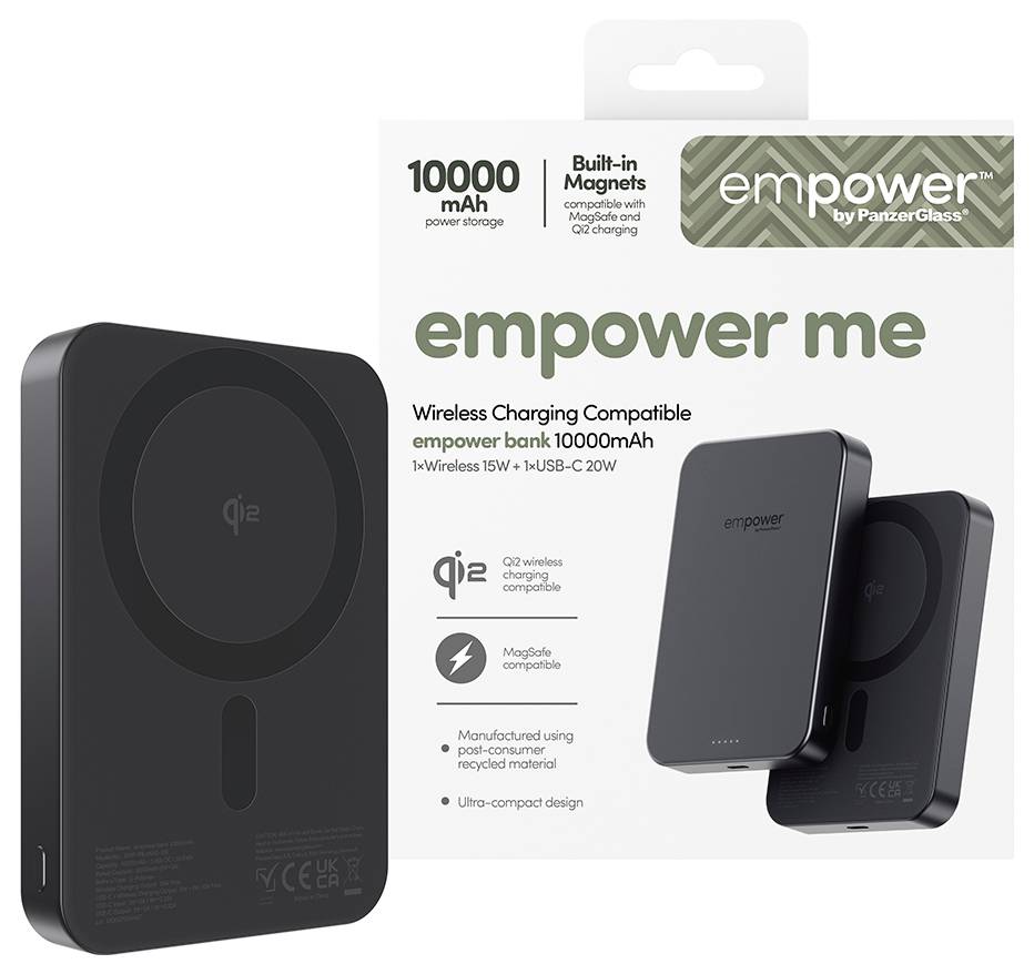 Opakowanie do powerbanku "empower me" 10000mAh z bezprzewodowym ładowaniem, pokazujące kompatybilność z MagSafe/Qi2, wbudowane magnesy i dwie czarne ładowarki.