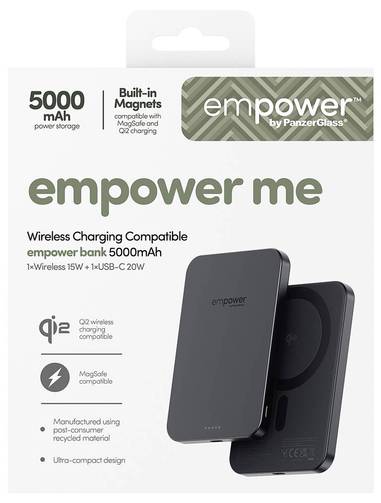 Opakowanie dla „empower me" bezprzewodowej powerbanki 5000 mAh z wbudowanymi magnesami, kompatybilnością MagSafe i Qi2 oraz kompaktowym czarnym designem.