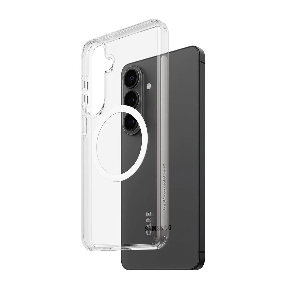 Przezroczyste etui do telefonu pokazane na ciemnym smartfonie Samsung, podkreślające wycięcie aparatu tylnego i pierścieniowy pierścień w stylu MagSafe.