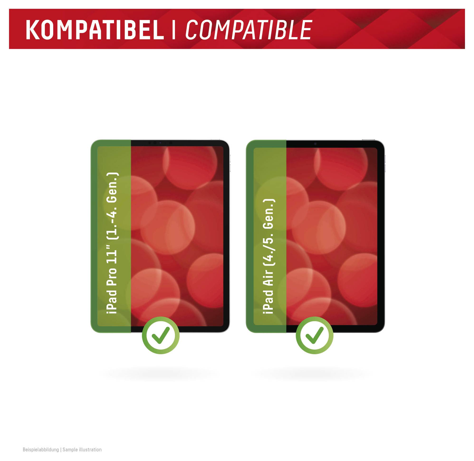 Grafika zgodności pokazująca „iPad Pro 11" (1. - 4. generacja) i „iPad Air" (4./5. generacja) ze zielonymi znaczkami wyboru pod każdym.