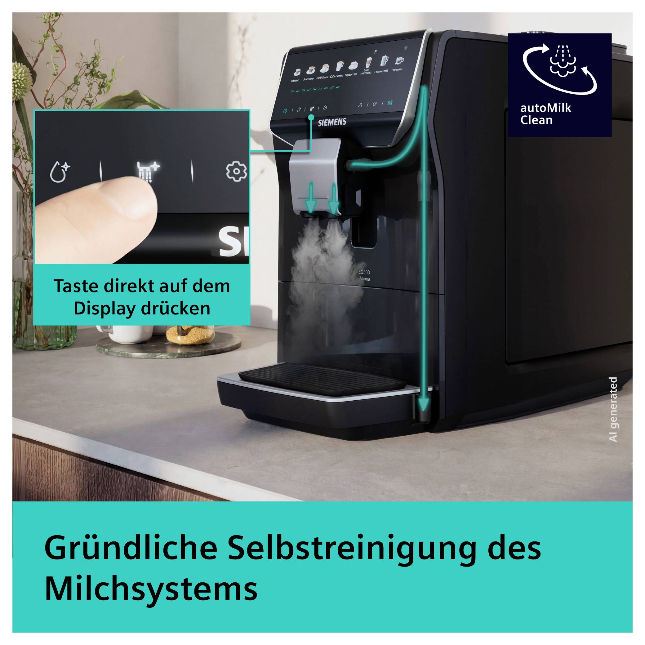 Ekspres do kawy z funkcją „autoMilk Clean"; przycisk na wyświetlaczu uruchamia gruntowne czyszczenie automatyczne systemu mleka.