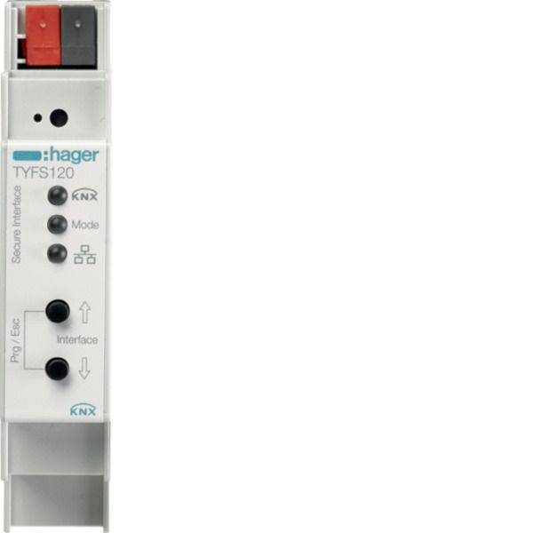 Moduł interfejsu bezpiecznego Hager TYFS120 KNX ze wskaźnikami LED i przyciskami trybu na białym tle.