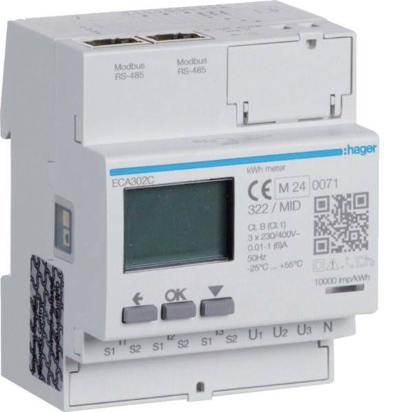 Biały licznik energii elektrycznej Hager kWh z cyfrowym wyświetlaczem, przyciskami, portami RS-485 i kodem QR na module na szynę DIN.