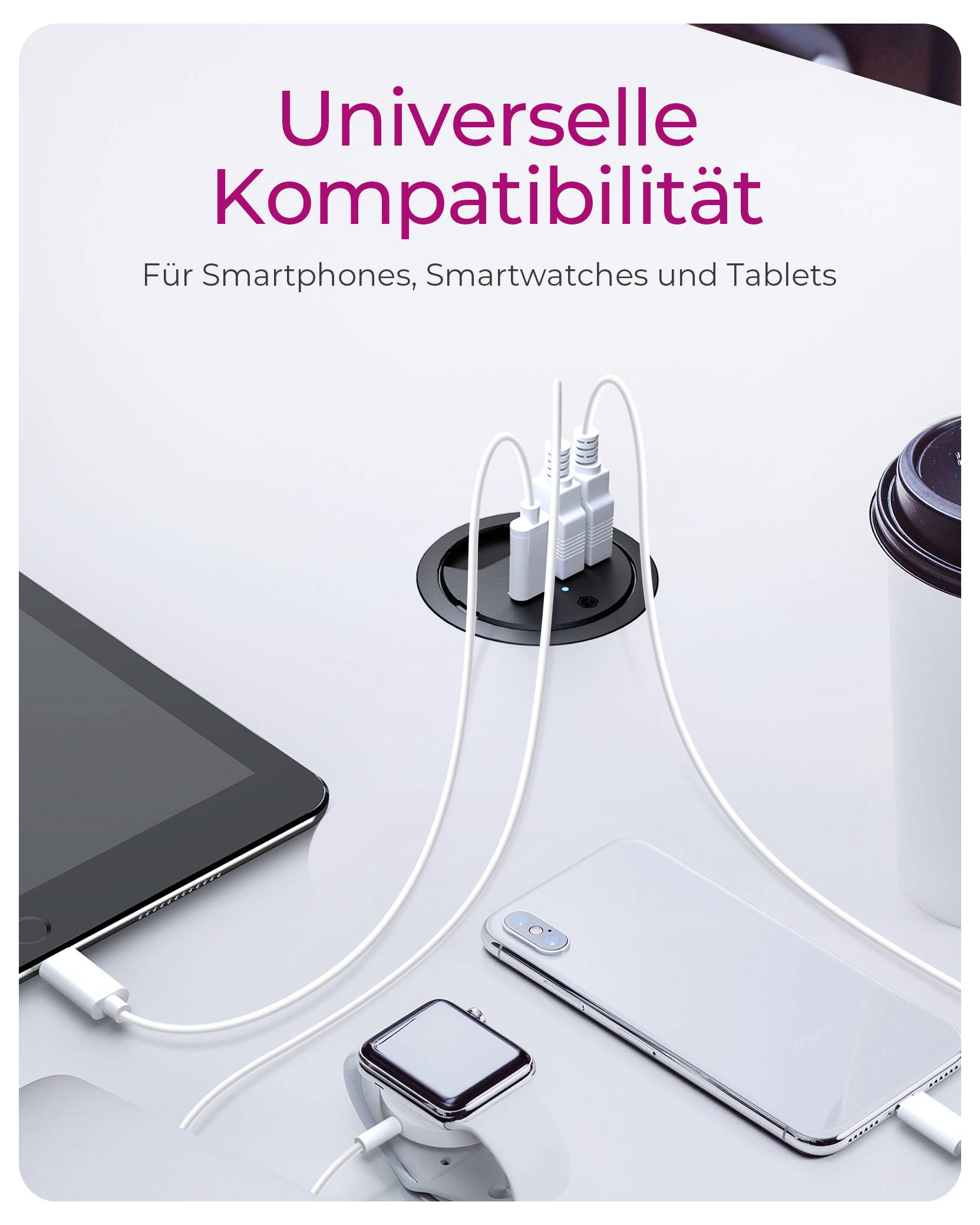 Bezprzewodowa stacja ładująca z kablami zasilającymi smartfon, smartwatch i tablet; tekst głosi "Uniwersalna kompatybilność" i "Do smartfonów, smartwatchów i tabletów".
