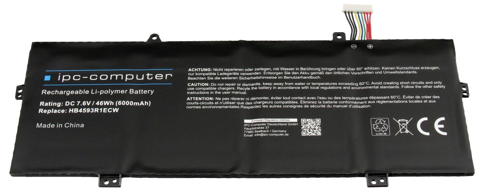 Czarny wymienialny akumulator litowo-polimerowy do komputera IPC, oznaczony 7,6V 46Wh 6000mAh, z dołączonymi wielokolorowymi przewodami złącza.