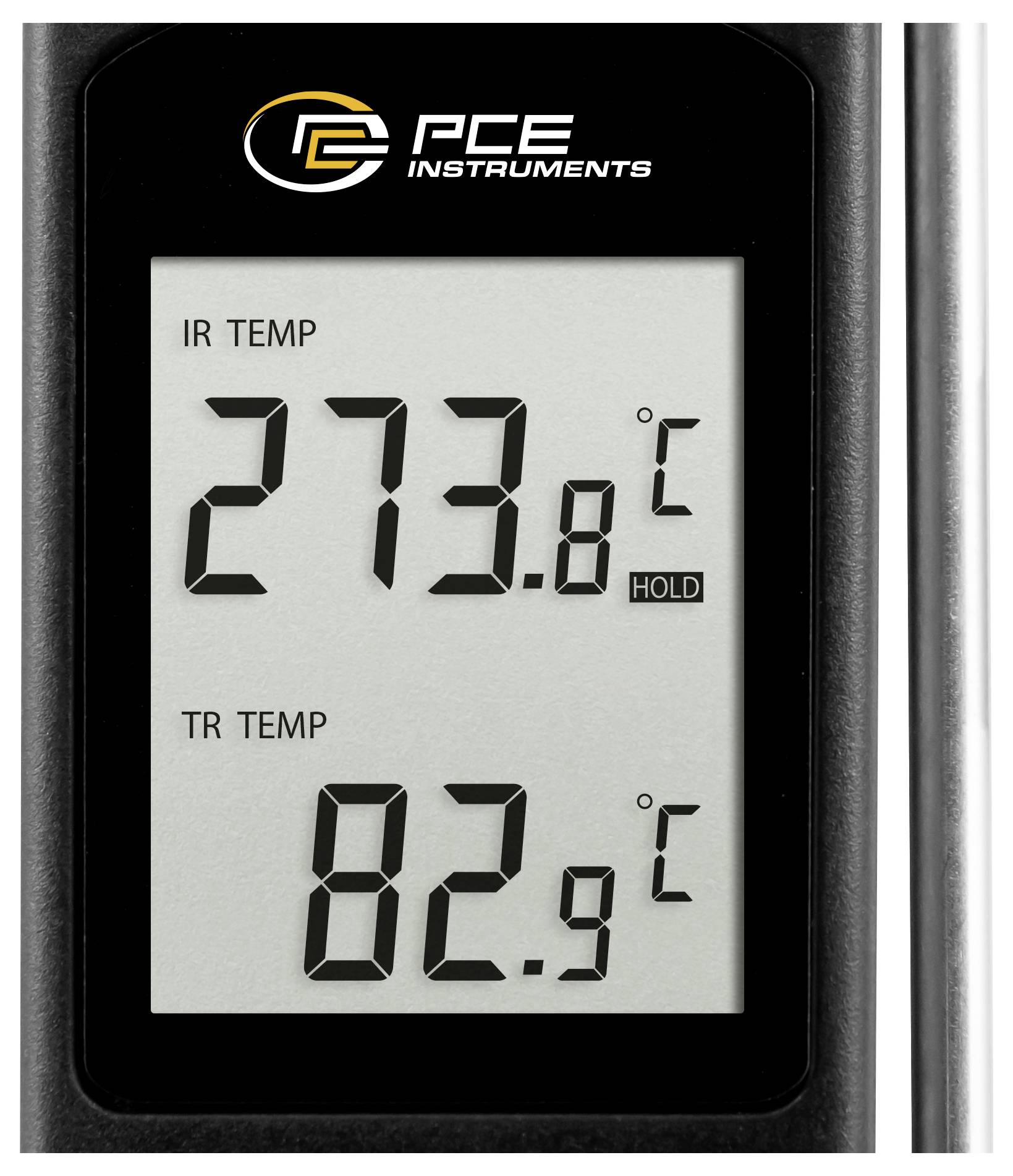Cyfrowy wyświetlacz termometru IR pokazujący TEMP IR 273,8°C i TEMP TR 82,9°C ze wskaźnikiem HOLD.