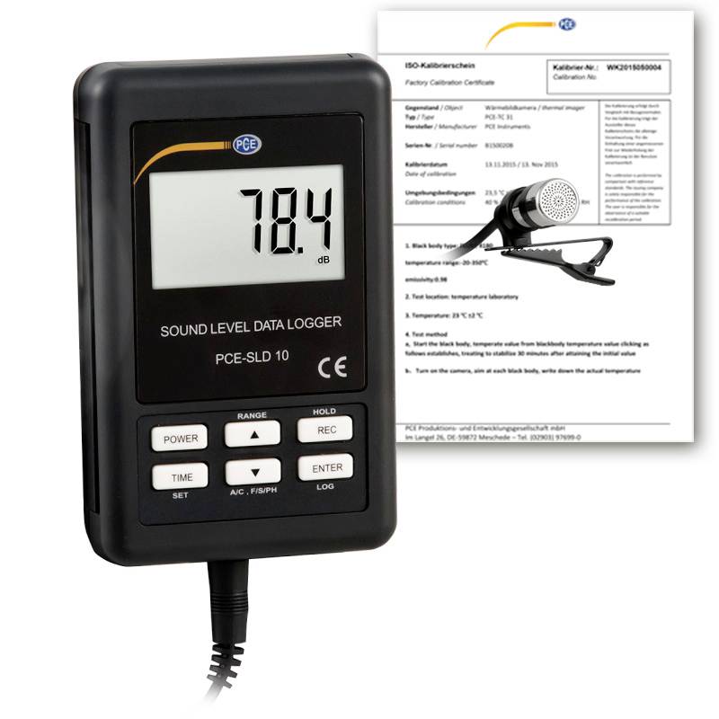 Rejestrator poziomu dźwięku pokazujący 78,4 dB, z wyświetlonym obok certyfikatem kalibracji i przesłonką mikrofonową.