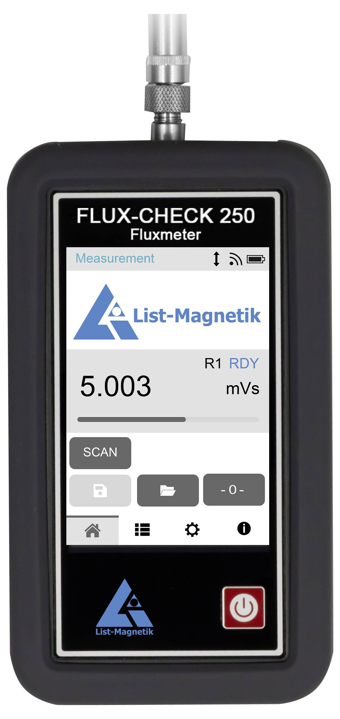 Przenośny fluksometr Flux-Check 250 pokazujący ekran pomiaru z odczytem 5.003 mVs oraz przyciski skanowania/zasilania