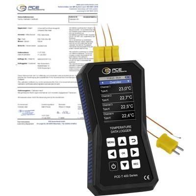 Rejestrator danych temperatury PCE-T 400 Series z czterema sondami termoelektrycznymi, pokazany obok certyfikatu kalibracji.