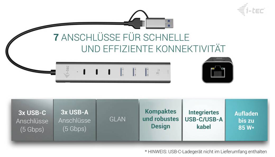 i-tec CAHUBMETAL6LANPD USB-Hub srebrny USB-C/USB-A Metal HUB 6 port+GLAN-8