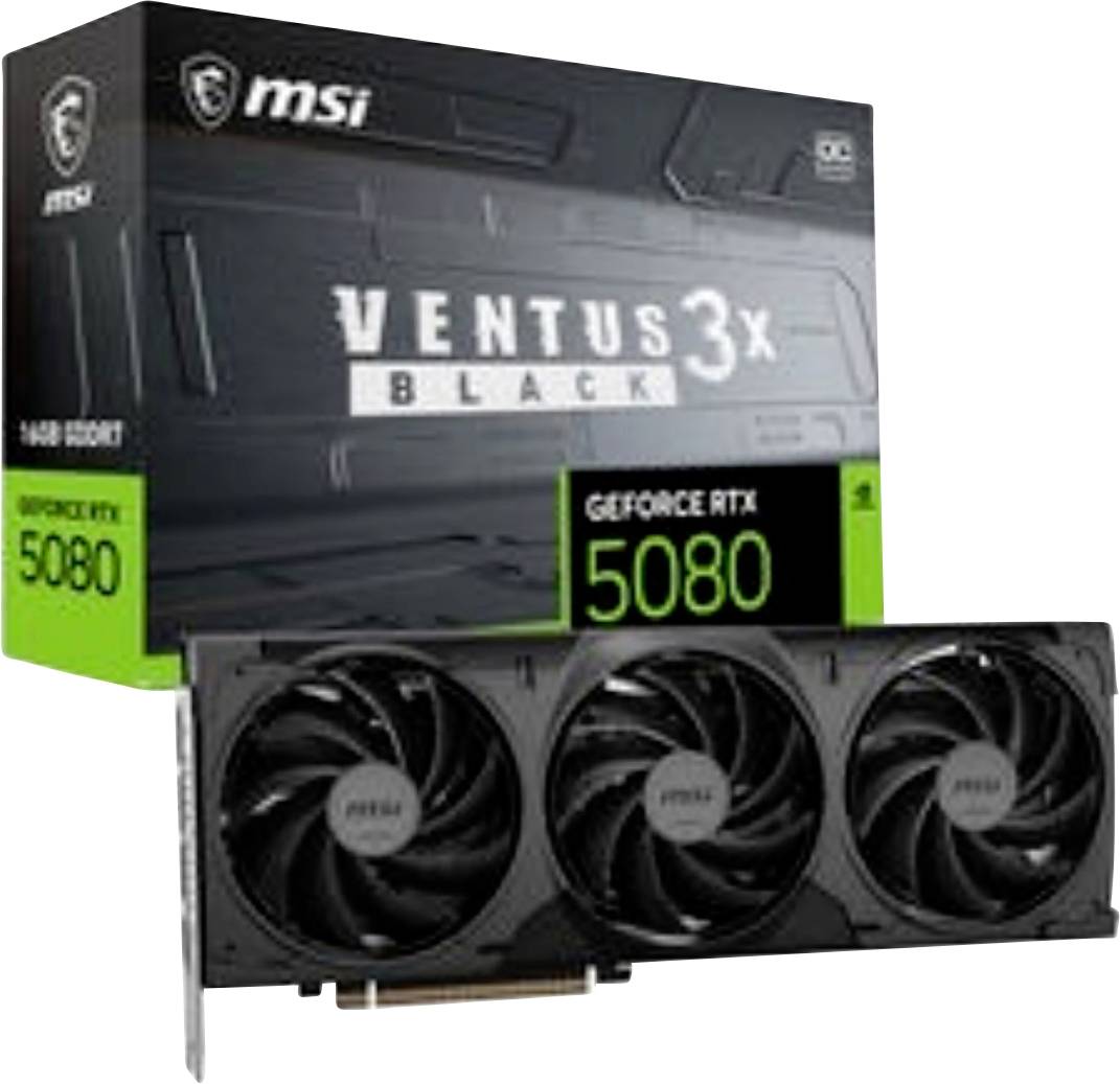 Karta graficzna MSI Ventus 3X Black GeForce RTX 5080 z potrójnym chłodzeniem wentylatorami, pokazana przed pudełkiem handlowym.