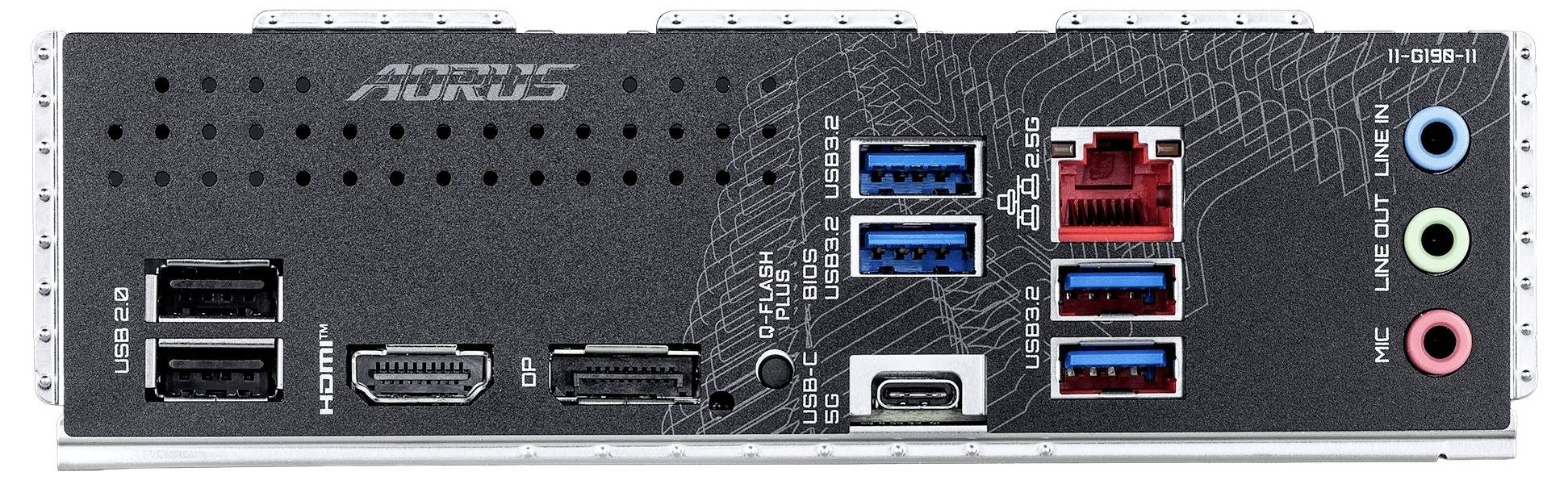 Tylny panel we/wy karty graficznej z wieloma portami: dwie wejścia HDMI, trzy porty DisplayPort, jeden port USB-C, porty USB i kolorowe gniazda audio oznaczone jako 'LINE OUT', 'MIC' i 'LINE IN'.