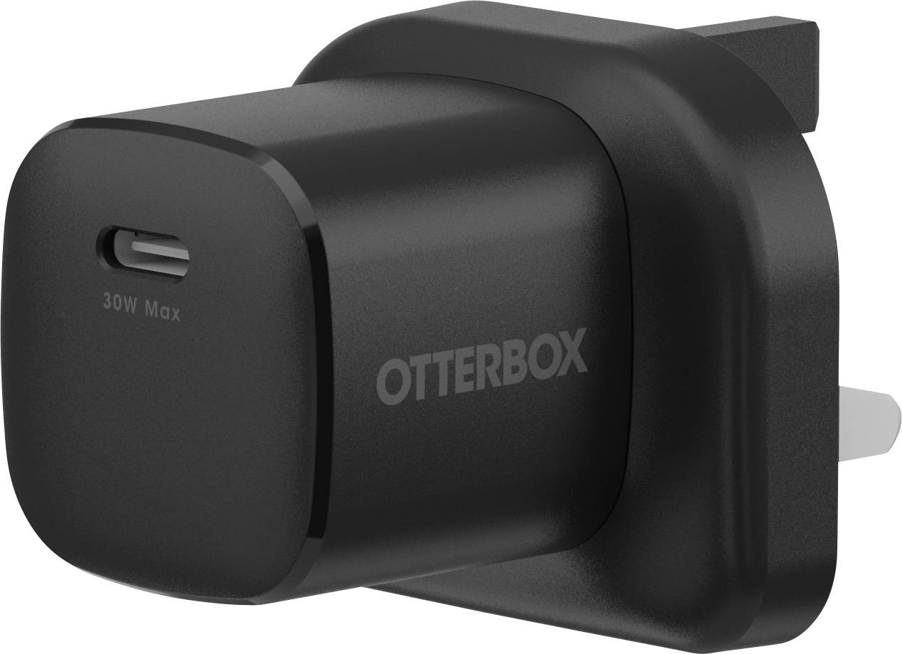 Czarna ładowarka ścienną OtterBox z portem USB-C oznaczoną "30W Max" i składanymi wtyczkami.