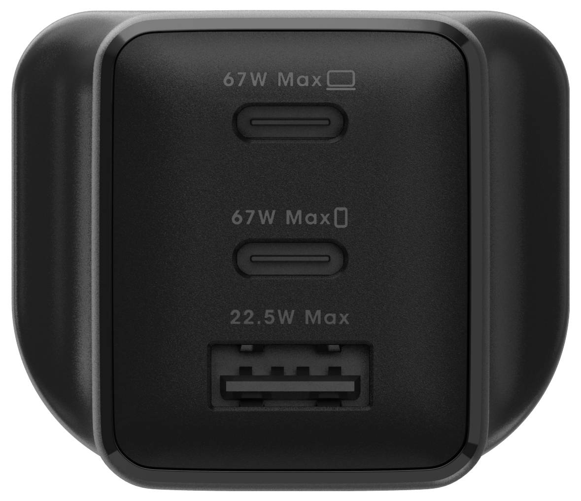 Czarna ładowarka ścienna z dwoma portami USB-C oznaczonymi 67W Max i 67W Max, plus jeden port USB-A oznaczony 22,5W Max.