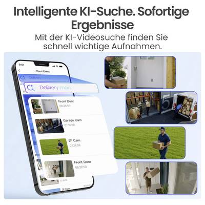 Obraz reklamowy wyszukiwania wideo AI: Smartfon z wynikiem wyszukiwania „Delivery man" (Kurierzy) i kilka podglądów kamery; nagłówek „Inteligentne wyszukiwanie AI. Wyniki natychmiast".