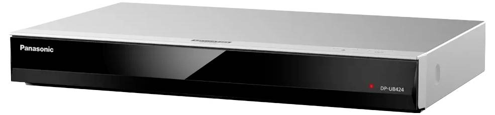 Czołowa część czarnego nagrywarki/odtwarzacza DVD firmy Panasonic z lampką wskaźnika zasilania i etykietą modelu po prawej stronie.