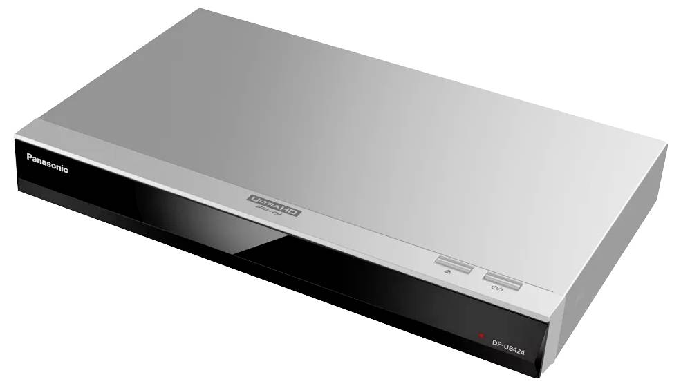 Srebrny odtwarzacz DVD Panasonic z czarnym panelem frontu i szufladą na dysk