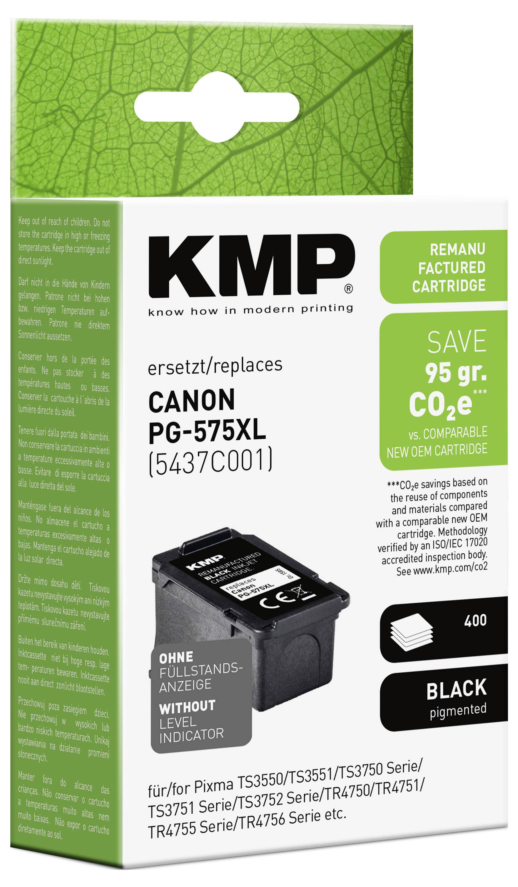 Ponownie wyprodukowany czarny wkład atramentowy KMP dla Canon PG-575XL, oszczędza 95 g CO2e, kompatybilny z serią Pixma TS3450 i innymi wymienionymi drukarkami.