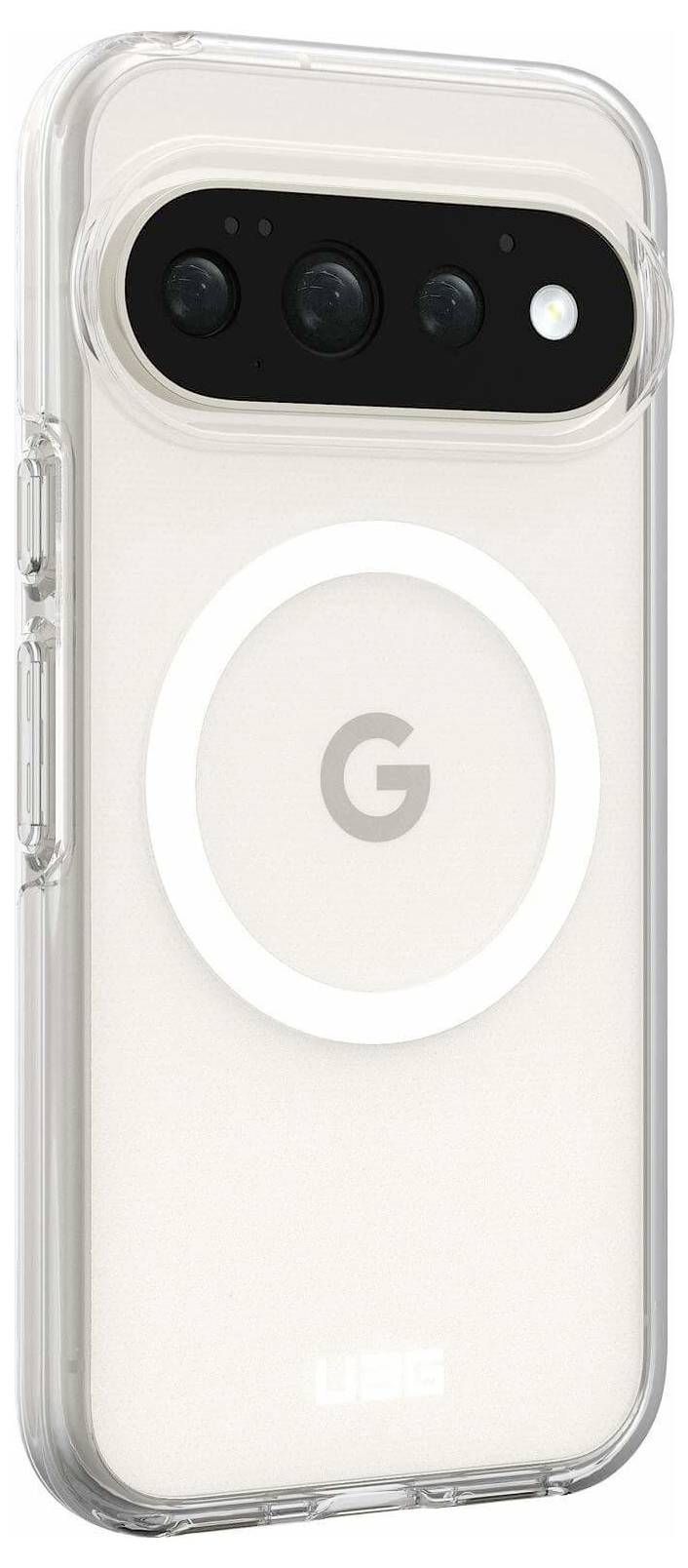 Przezroczysty case do telefonu Google Pixel, pokazujący pasek aparatu tylnego, białe logo 'G' i dużą okrągłą ringę bezprzewodowego ładowania.