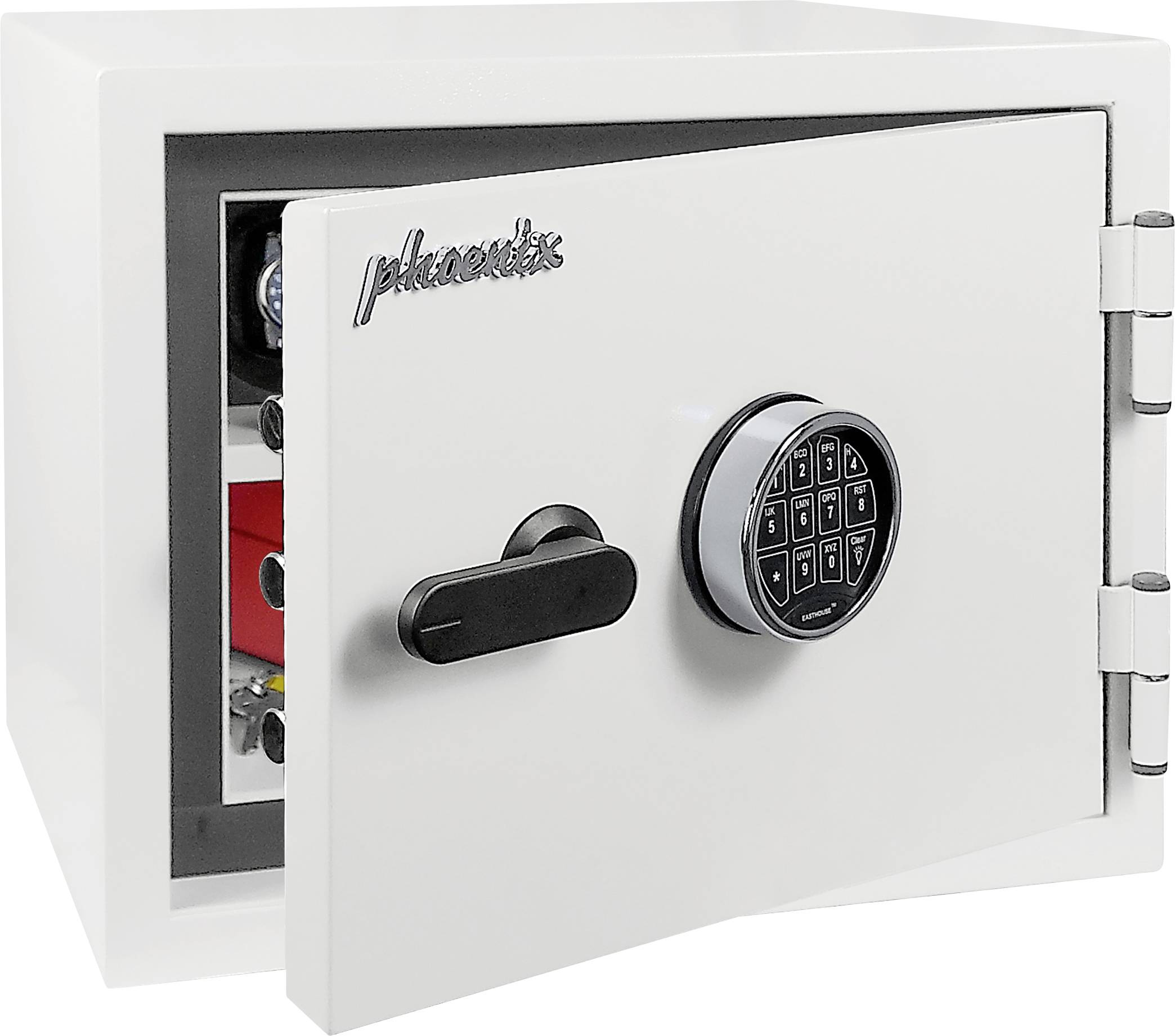 Otwarta biała szafa bezpieczeństwa Phoenix z blokadą klawiatury i uchwytem, drzwi uchylone pokazujące zawartość w środku.