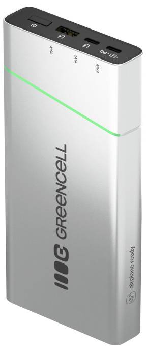 Przenośny power bank Green Cell pokazany stojący pionowo, srebrny i czarny z zieloną linią akcentu i portami USB na górze.