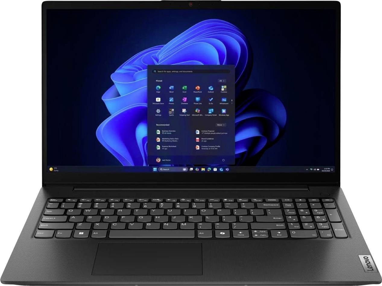 Laptop Lenovo wyświetlający pulpit systemu Windows 11 z otwartym menu Start na niebieskim abstrakcyjnym tle.