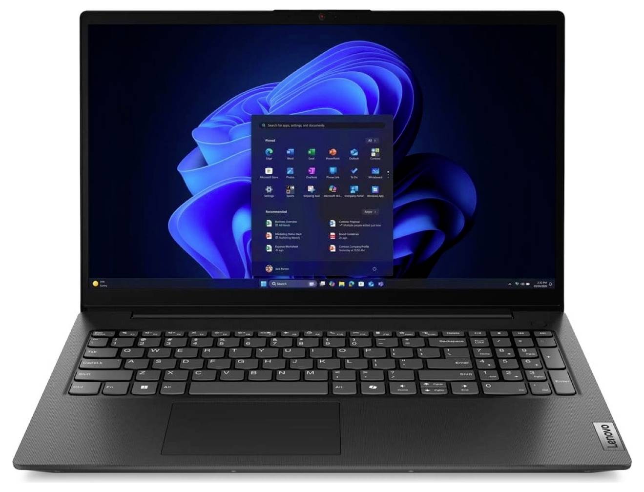 Czarny laptop Lenovo wyświetlający pulpit systemu Windows 11 z otwartym menu Start na ekranie.