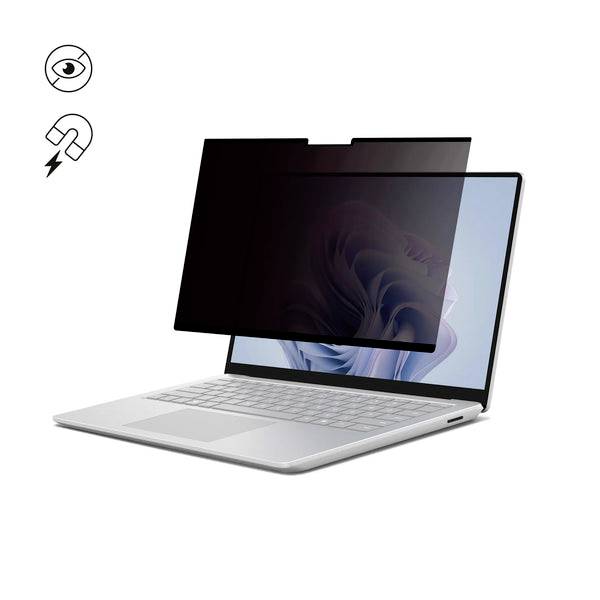 Laptop z filtrem ekranu prywatności ograniczającym widoczność z boków; ikony oka i magnesu wskazują na funkcje oglądania i magnetycznego mocowania.