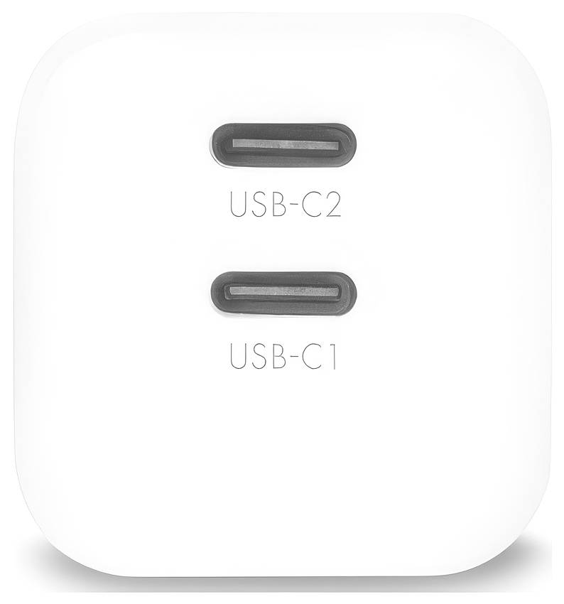 Biała ładowarka sieciowa z dwoma portami USB-C oznaczonymi jako "USB-C2" i "USB-C1".