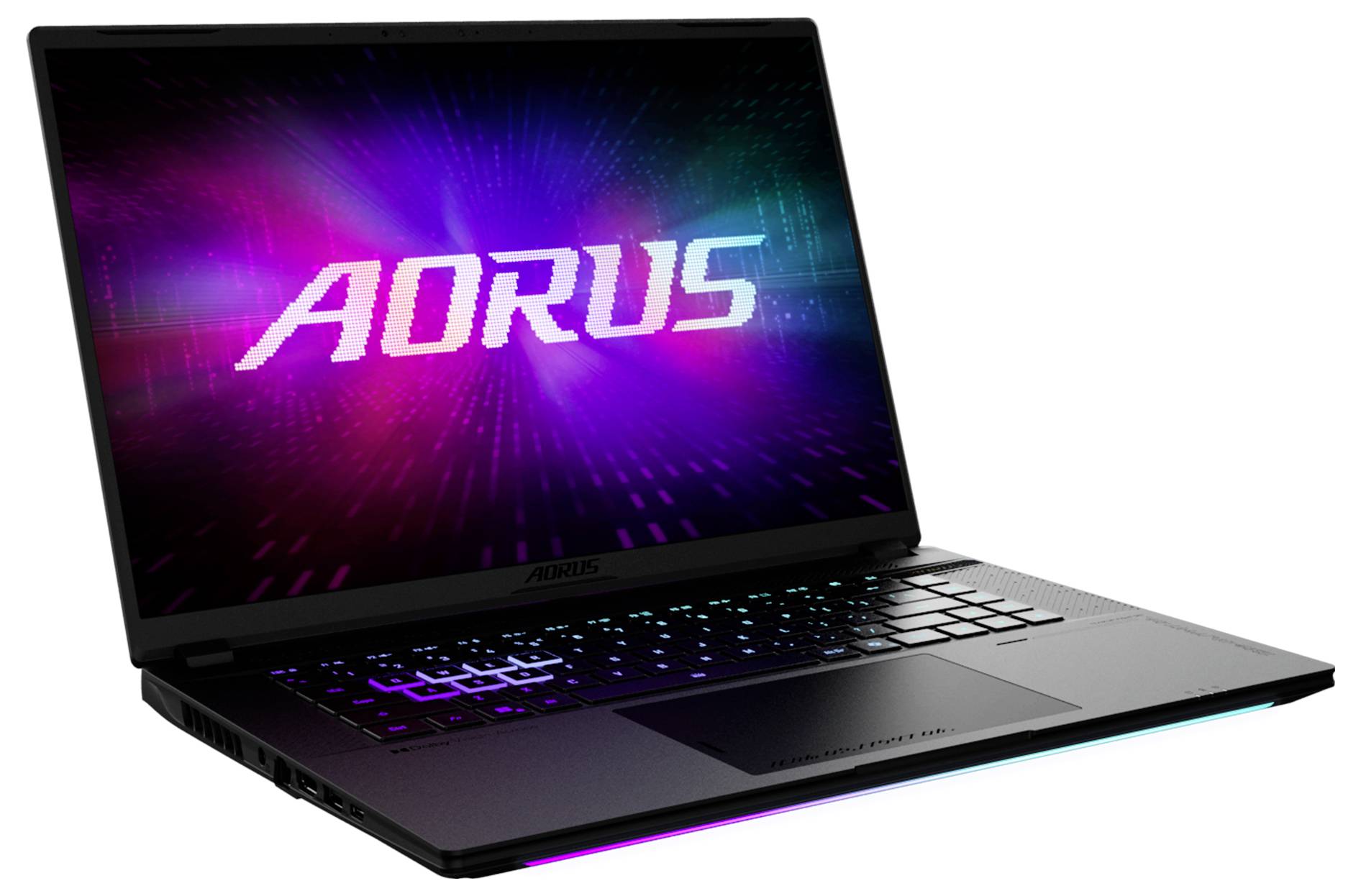 Czarny laptop do gier AORUS z podświetlaną klawiaturą RGB, pokazany otwarty na białym tle.
