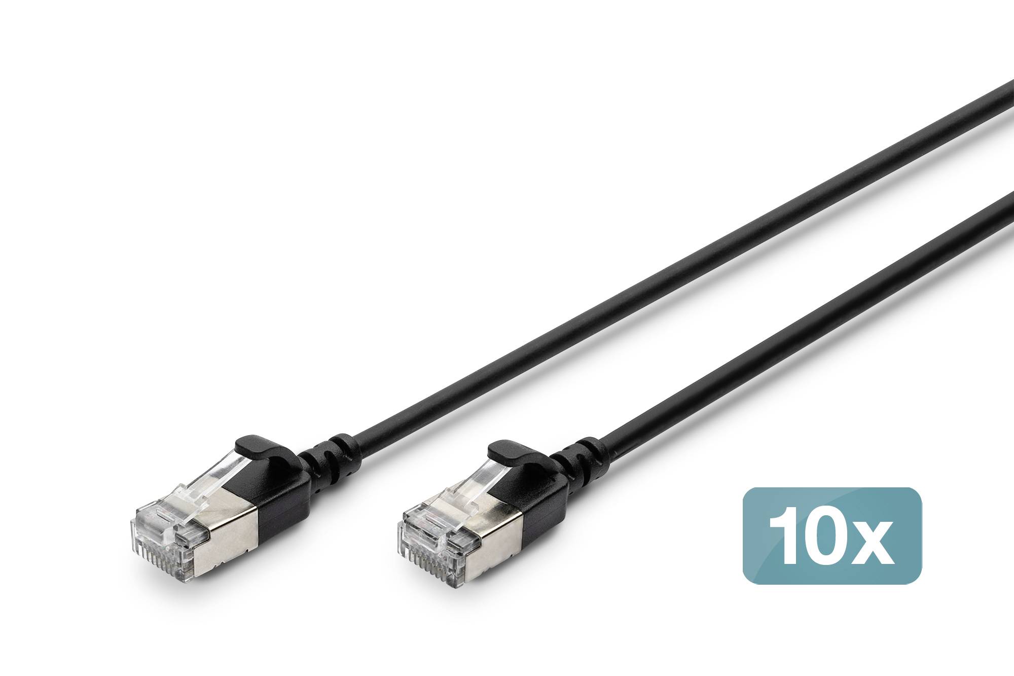 Dwa czarne kable Ethernet z złączami RJ45, oznaczone "10x" wskazujące na opakowanie dziesięciu sztuk.