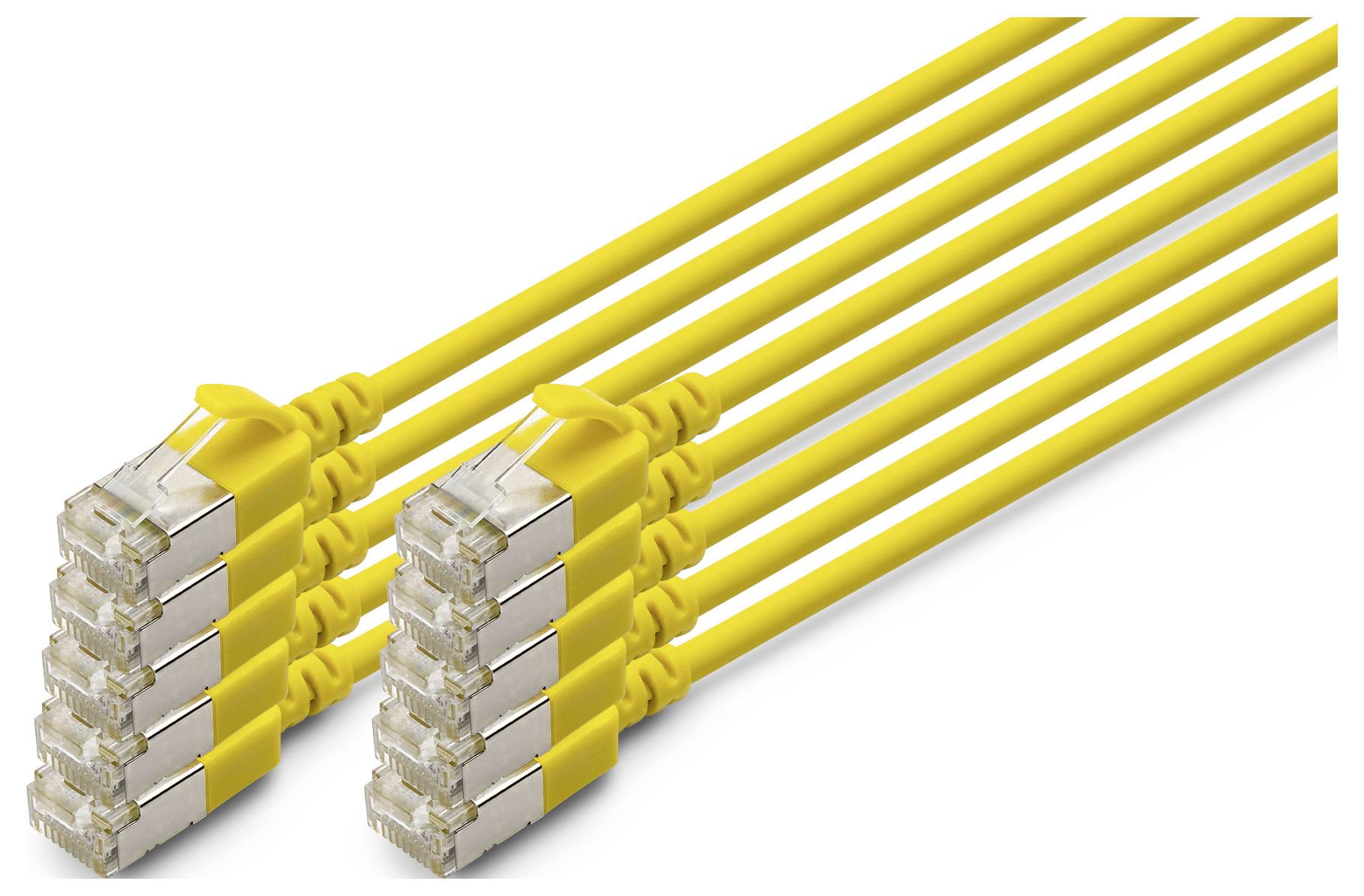 Dwa połączone żółte kable ethernetowe z wieloma wtyczkami RJ45 na białym tle.