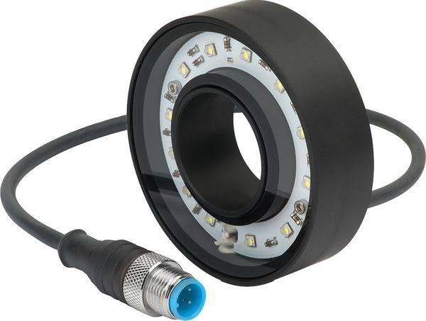Okrągła przemysłowa lampa pierścieniowa LED z dołączonym kablem i niebieską wtyczką złącza na białym tle.