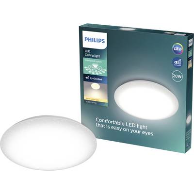 Lampa sufitowa LED Philips 20W z owalnym białym oprawą i pudełkiem produktu oznaczonym jako „Wygodne światło LED, które oszczędza oczy".