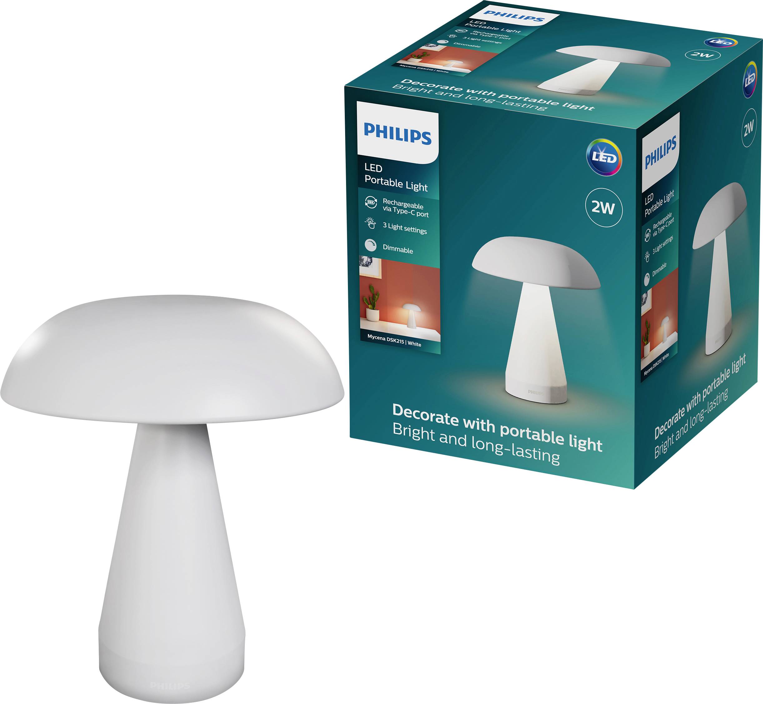 Biała przenośna lampa grzybkowa LED marki Philips wyświetlana obok jej pudełka produktu, oznaczona 2W i napisem "Dekoruj przenośnym światłem" do użytku wewnętrznego.