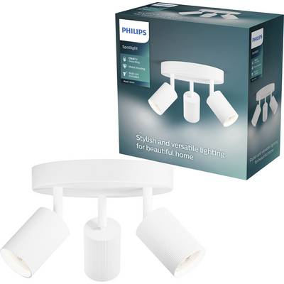 Reflektor sufitowy Philips z trzema regulowanymi białymi głowicami lamp, pokazany z opakowaniem pudełkowym produktu.