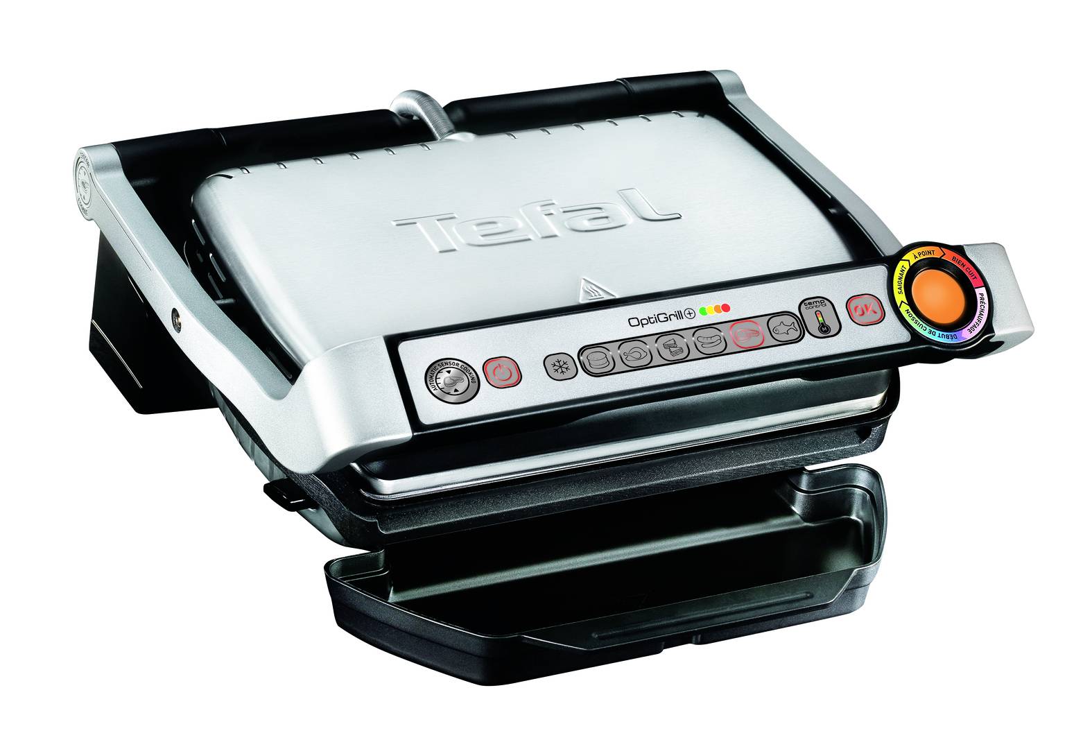 Srebrny grill stołowy Tefal OptiGrill z zamkniętą pokrywką, przyciskami sterowania i pomarańczowym pokrętłem temperatury na białym tle.