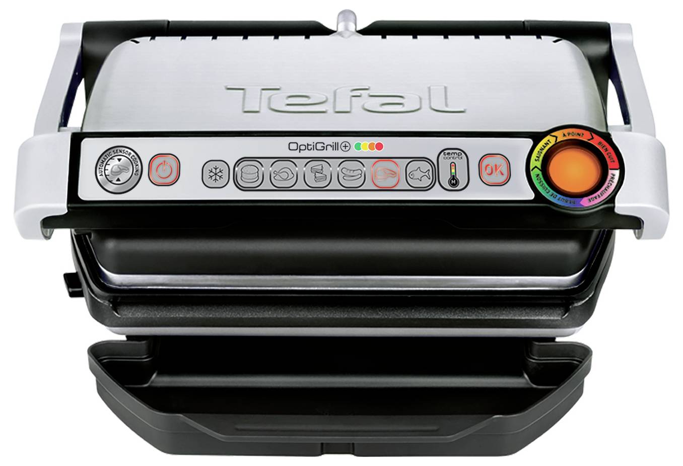 Widok frontu grilla kontaktowego Tefal OptiGrill z przyciskami sterowania, lampkami wskaźnikowymi i pokrętłem temperatury.