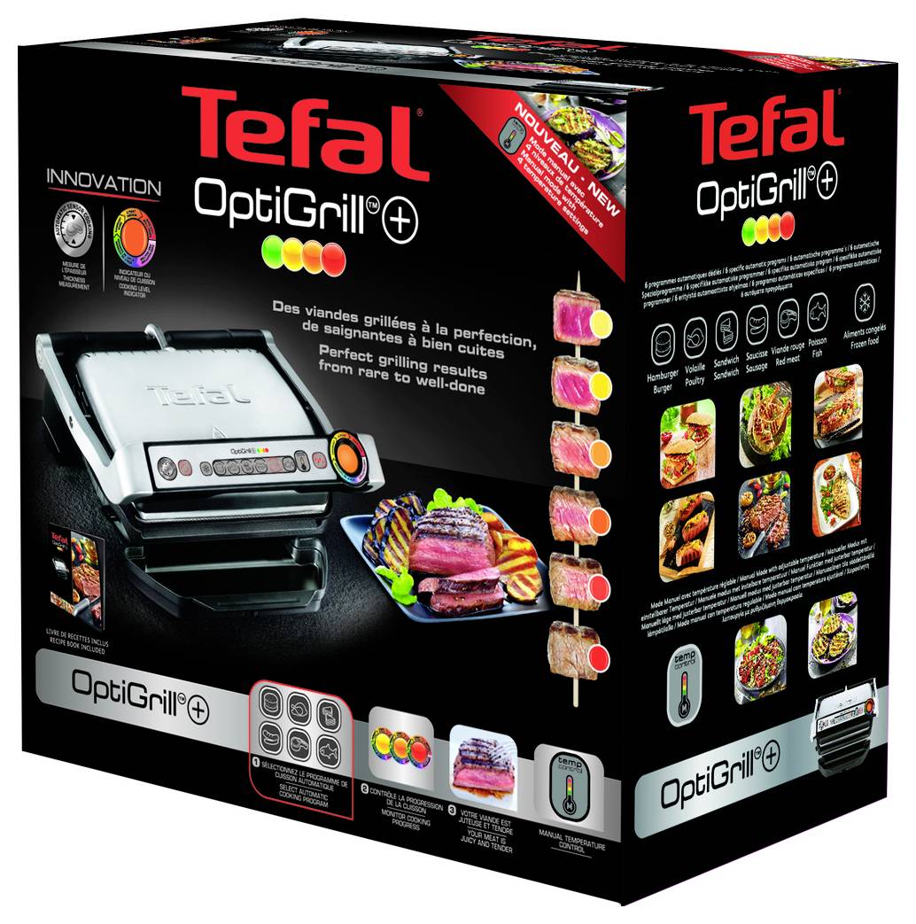 Opakowanie urządzenia Tefal OptiGrill+ pokazujące grill kontaktowy, lampki wskaźnika gotowania i zdjęcia potraw; opakowanie podkreśla automatyczne ustawienia grillowania i poziomy gotowości potrawy.